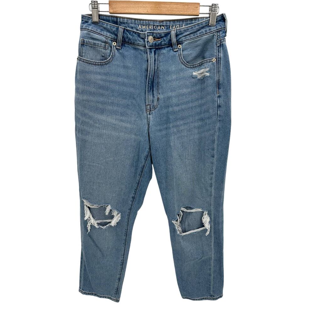 American Eagle Mom Jean Women Sz 8 Short Denim Distressed Loose Fit High Waisted